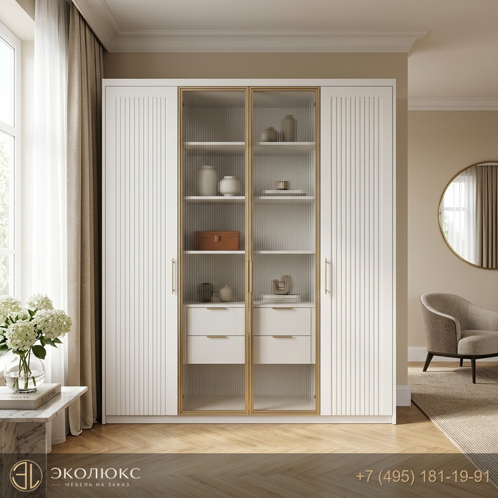 Белый шкаф премиум с витринами и фрезеровкой
