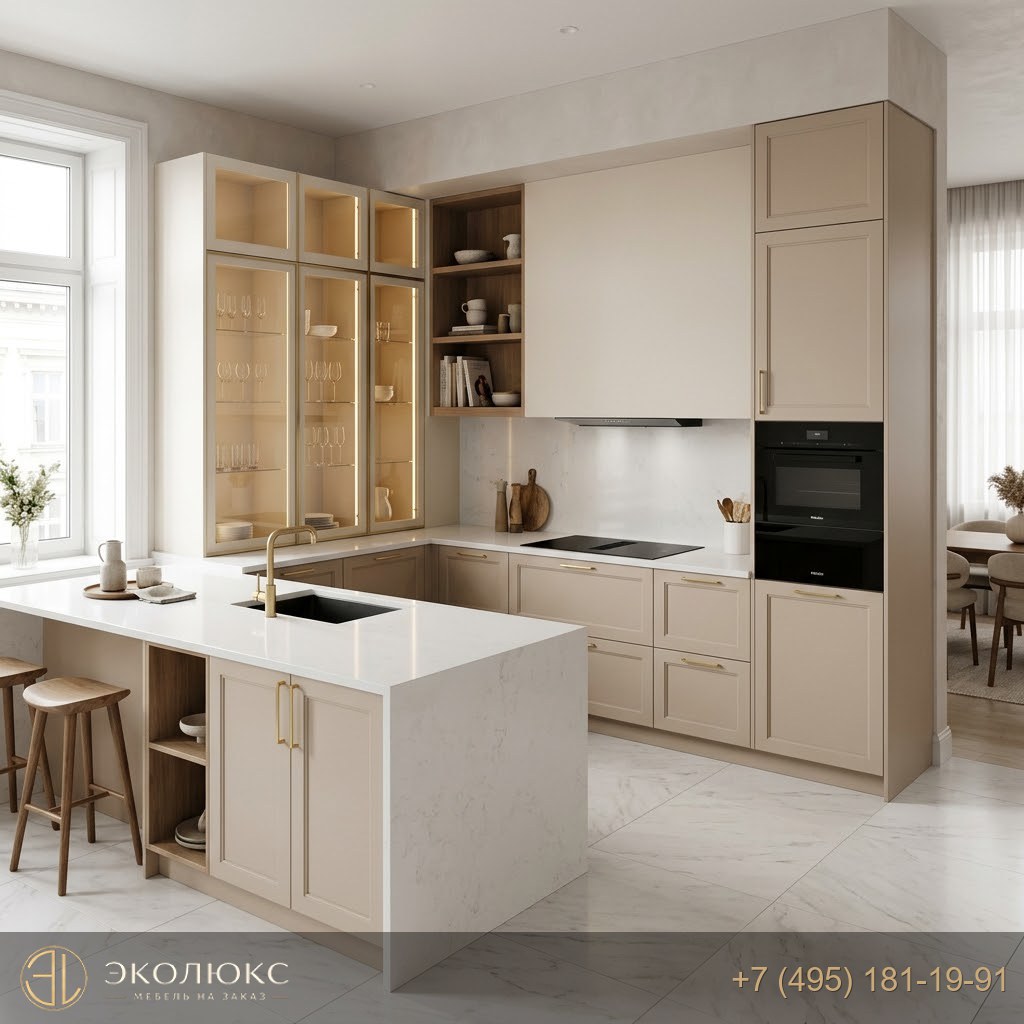 Кухня с островом в бежевых и ванильных тонах